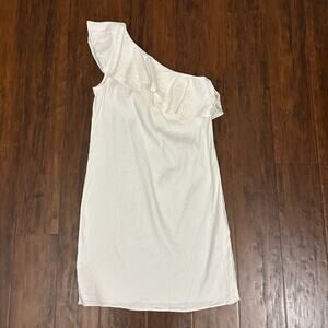 THEORY Alexandra Mini Dress White Ruffled One Shoulder Stretch Party